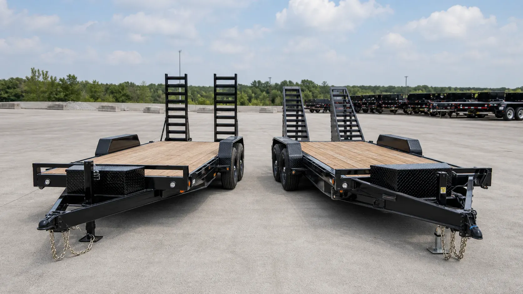 Two heavy equipment trailers with different frame and loading-ramp designs shown side by side