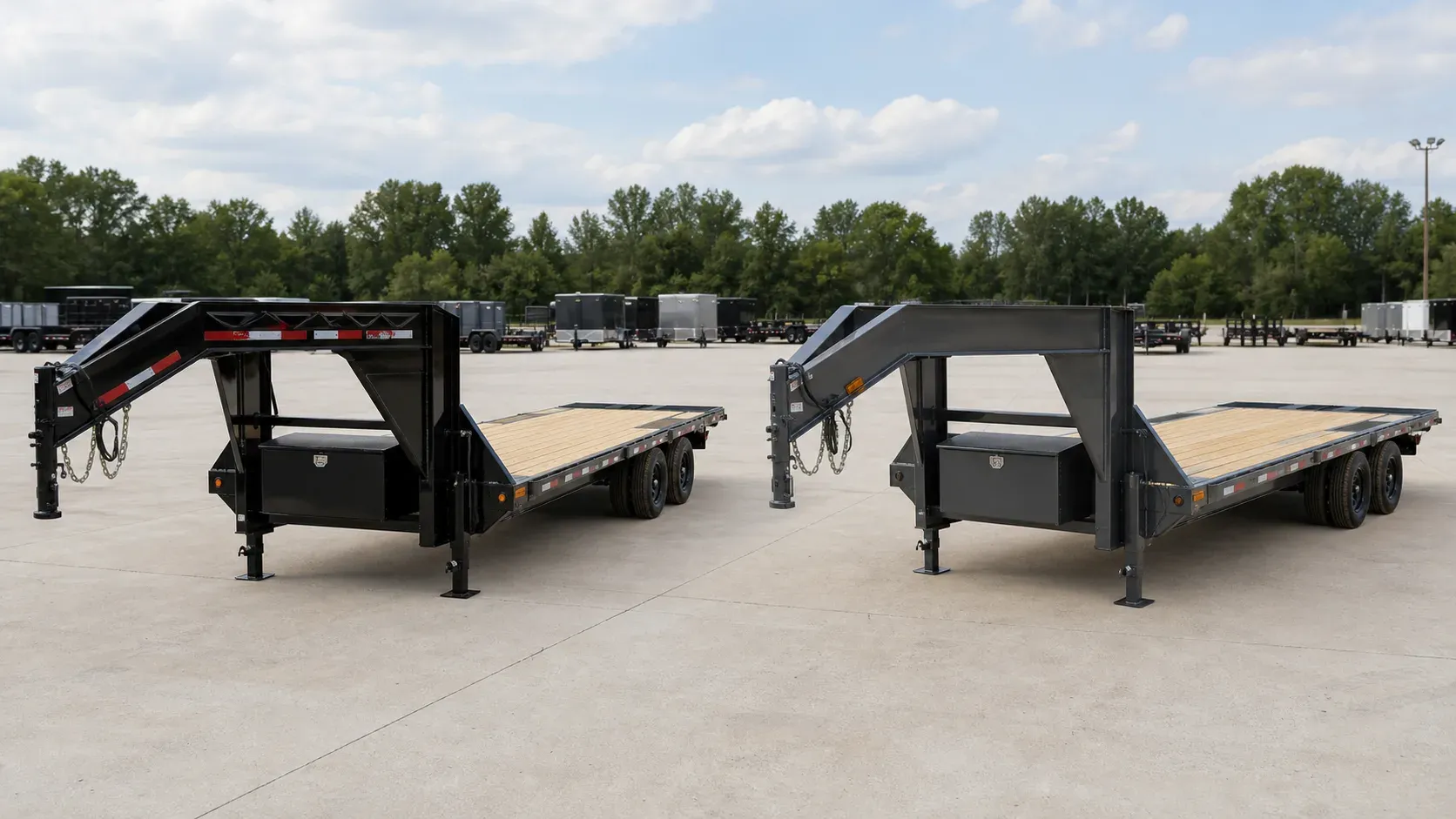 Two matched gooseneck deckover trailers shown side by side for spec comparison