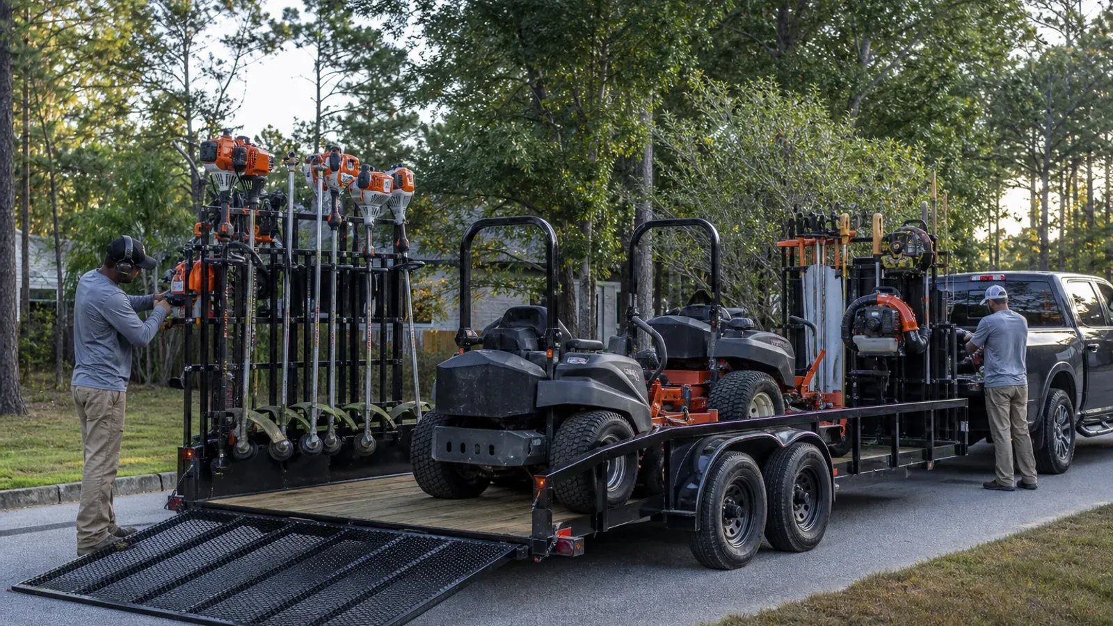 Commercial landscape trailer organized with mower and handheld-equipment racks Commercial landscape trailer organized with mower and handheld-equipment racks