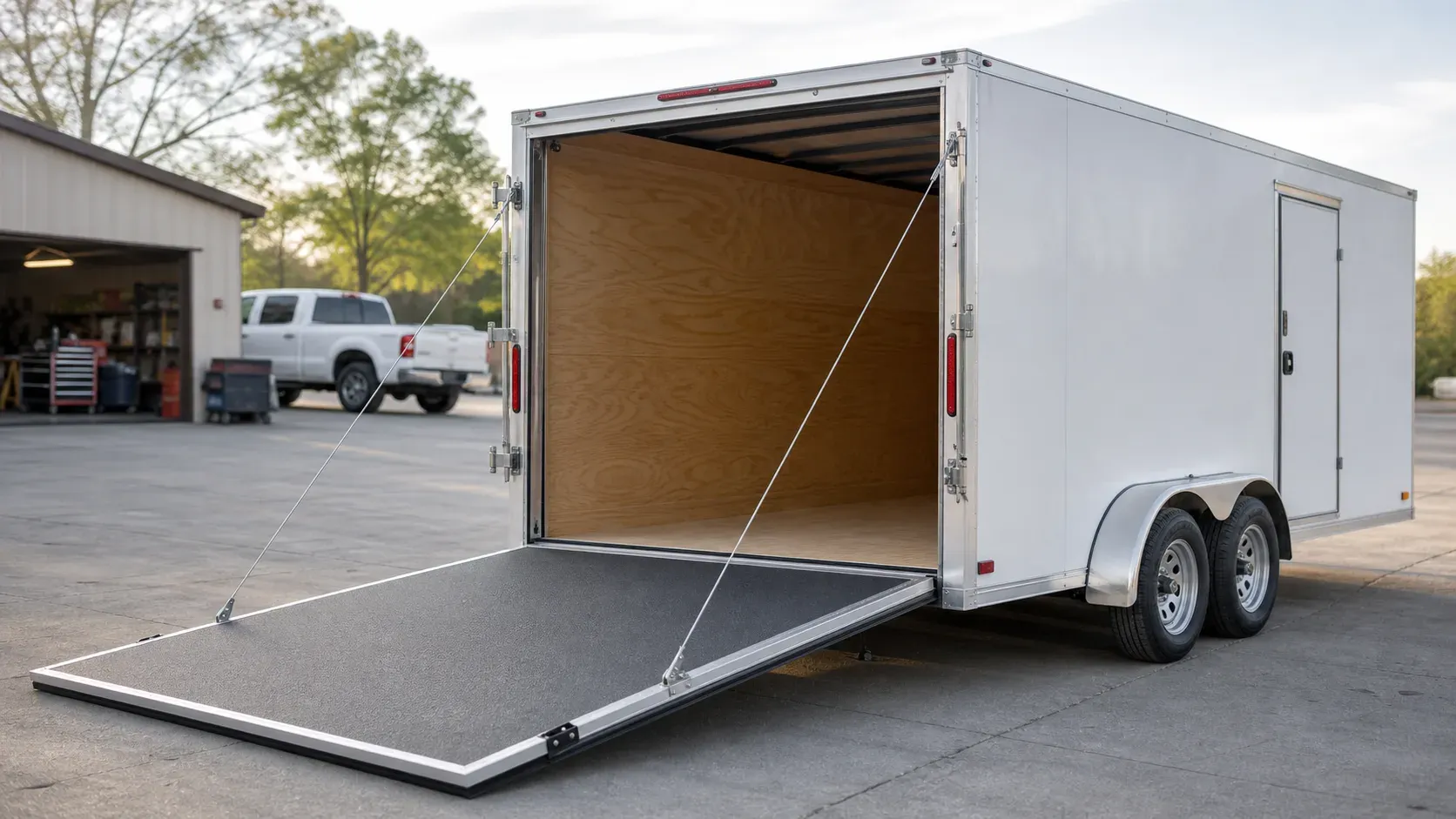 Enclosed cargo trailer with its full-width rear ramp door lowered for loading Enclosed cargo trailer with its full-width rear ramp door lowered for loading