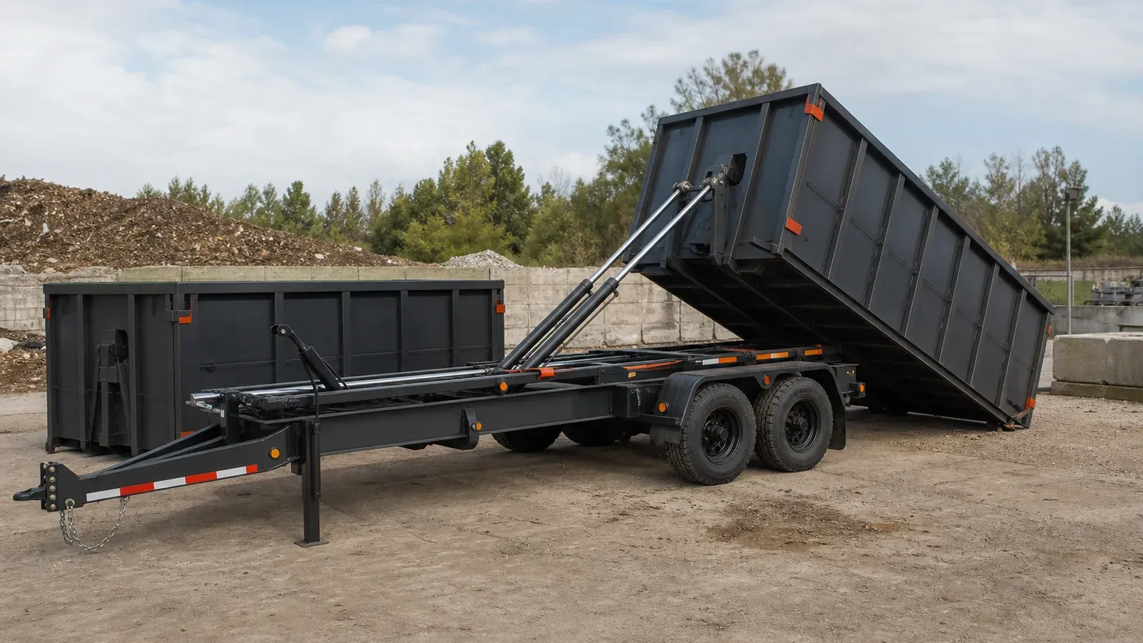 Roll-off dump trailer loading a removable container onto its chassis