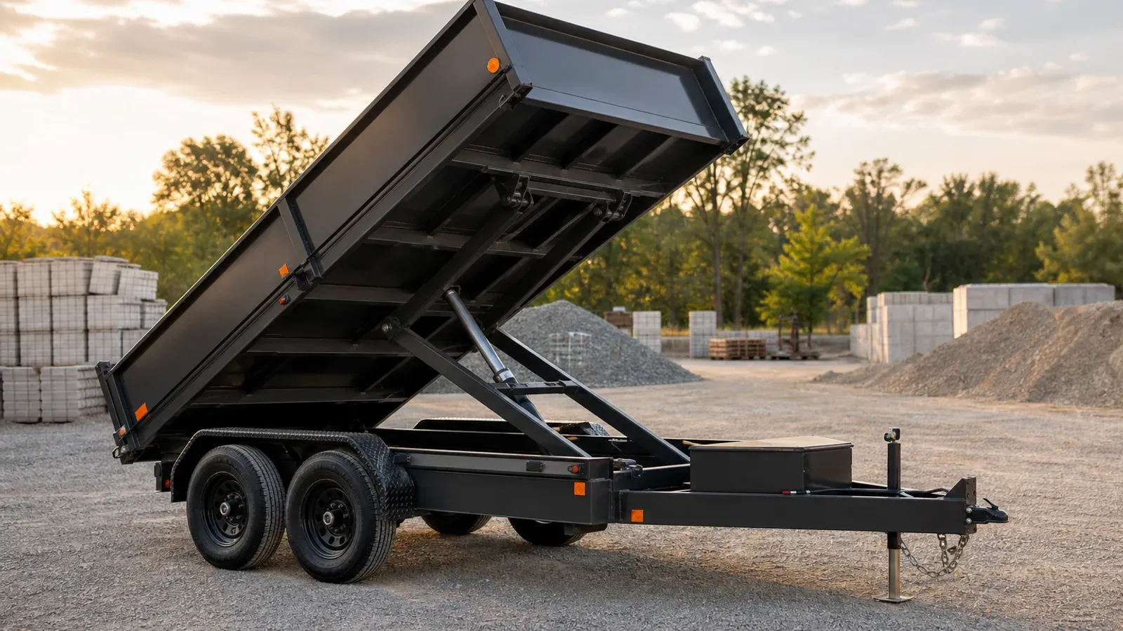 Dump trailer bed raised on a scissor-lift hydraulic hoist Dump trailer bed raised on a scissor-lift hydraulic hoist
