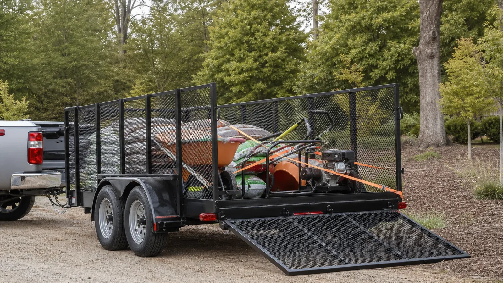 Tall mesh side-rail landscape trailer loaded with secured lawn supplies and equipment