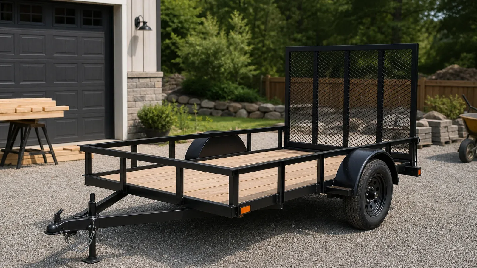 Small single-axle utility trailer with an open deck and mesh gate Small single-axle utility trailer with an open deck and mesh gate