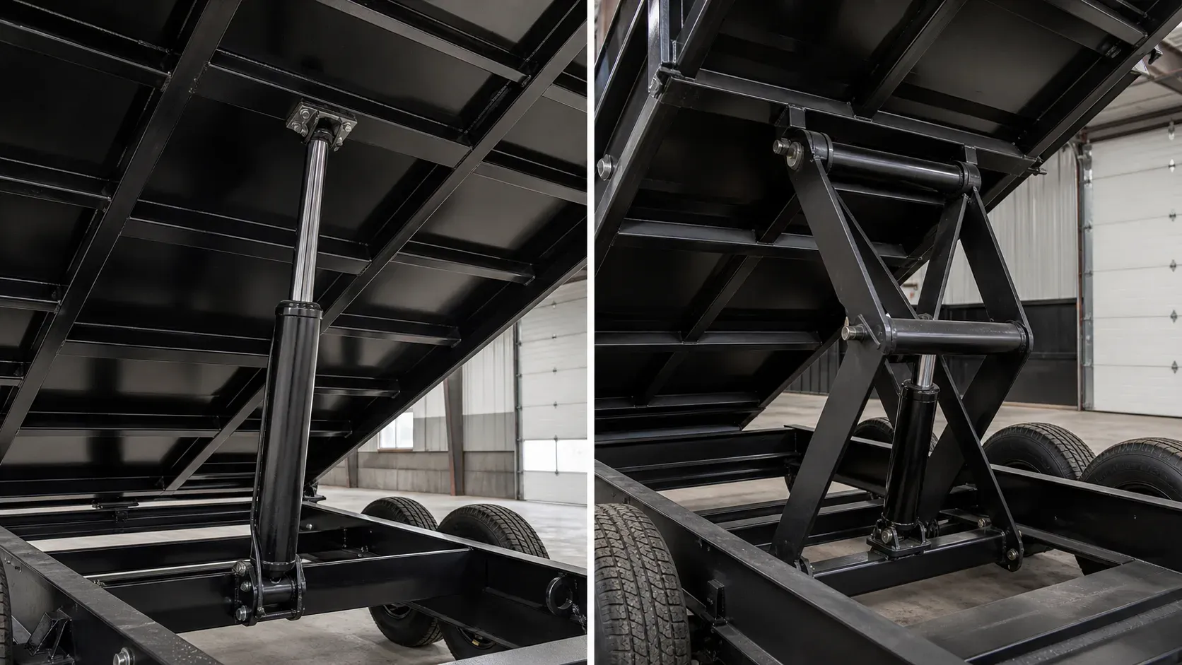 Single hydraulic ram and scissor-hoist dump trailer mechanisms shown side by side