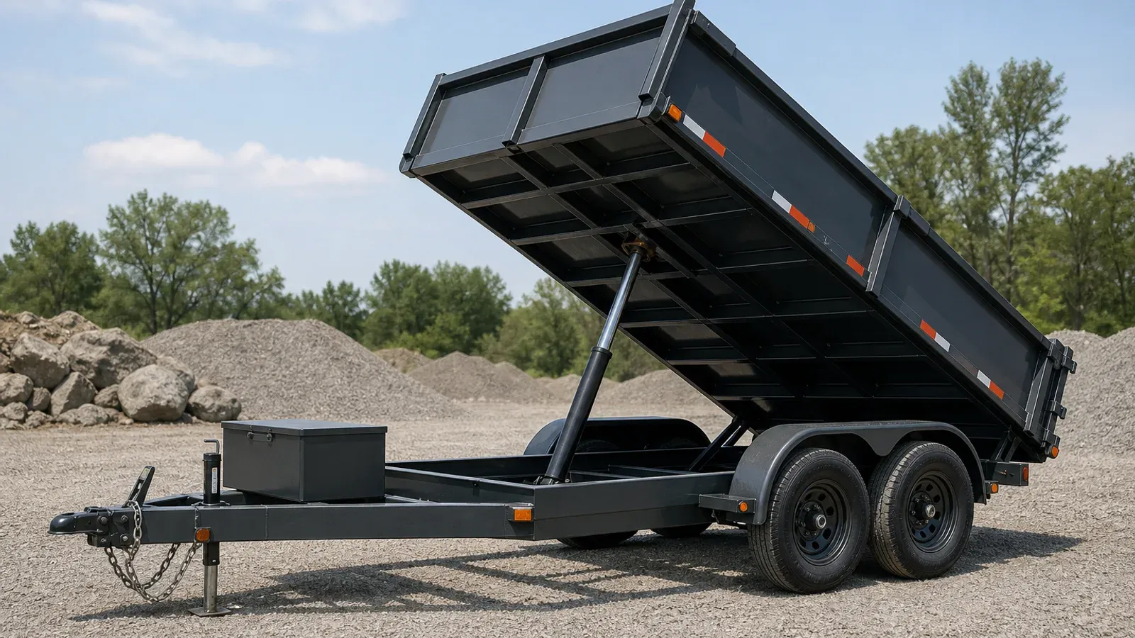 Dump trailer bed raised by a direct-push single hydraulic ram Dump trailer bed raised by a direct-push single hydraulic ram