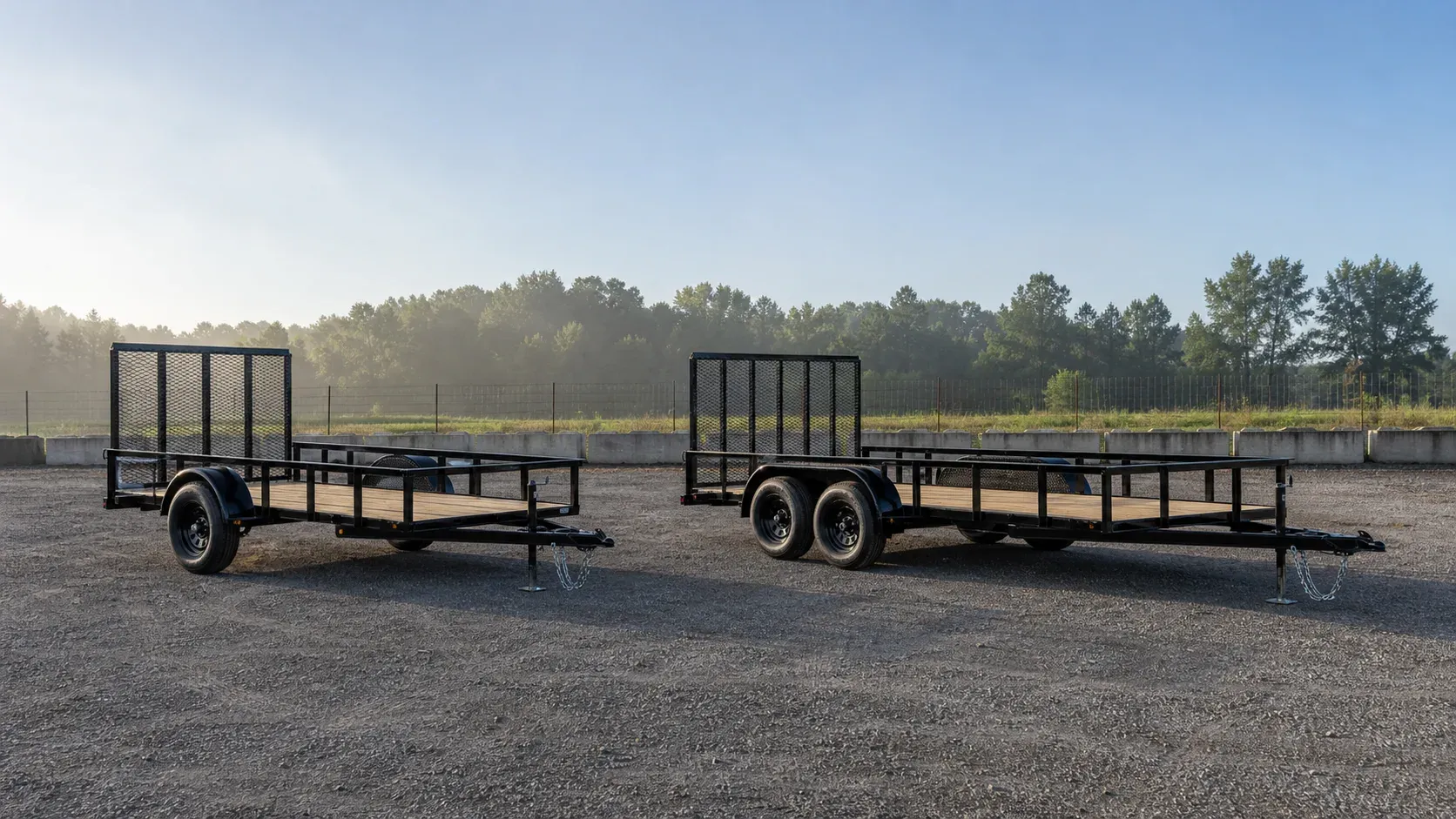 Single-axle and tandem-axle utility trailers parked side by side