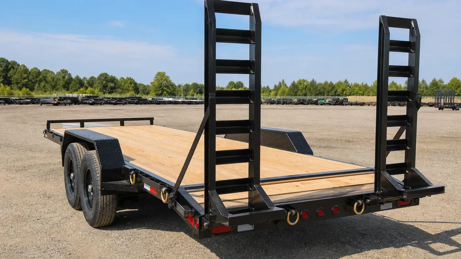 Skid-steer equipment trailer with close crossmembers and stand-up ramps
