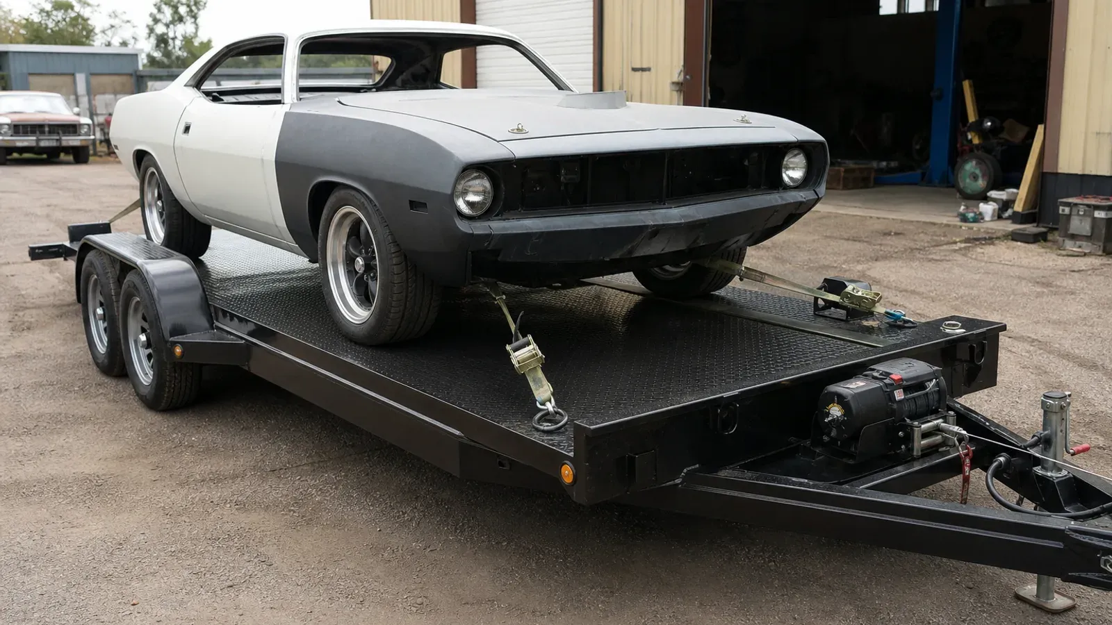 Classic project car secured on a black diamond-plate steel-deck car hauler