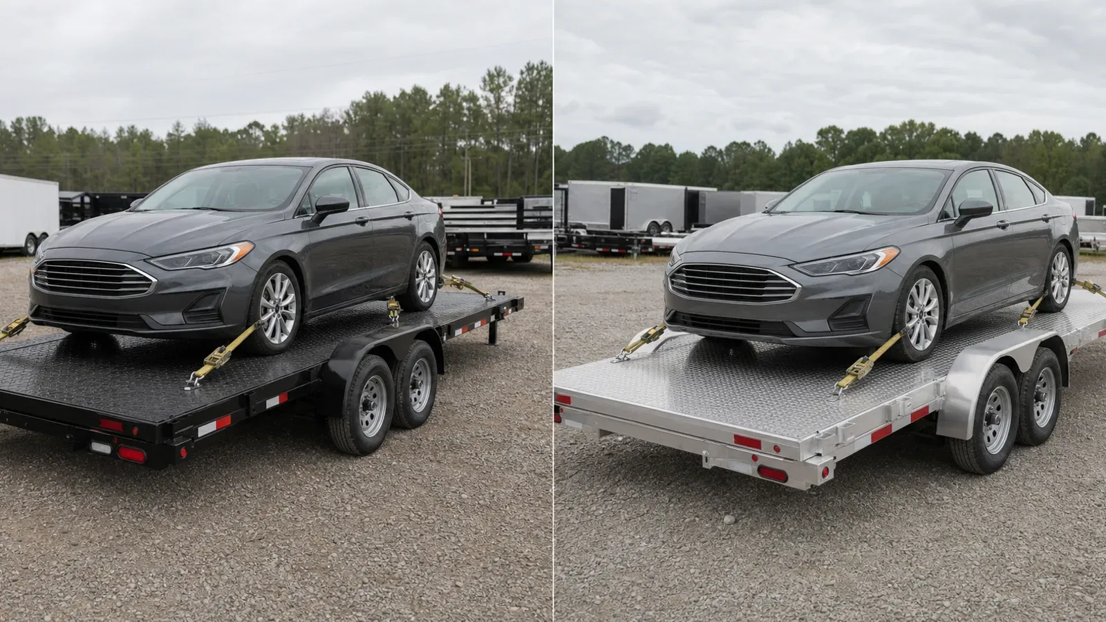 Steel and aluminum open car haulers shown side by side carrying similar sedans