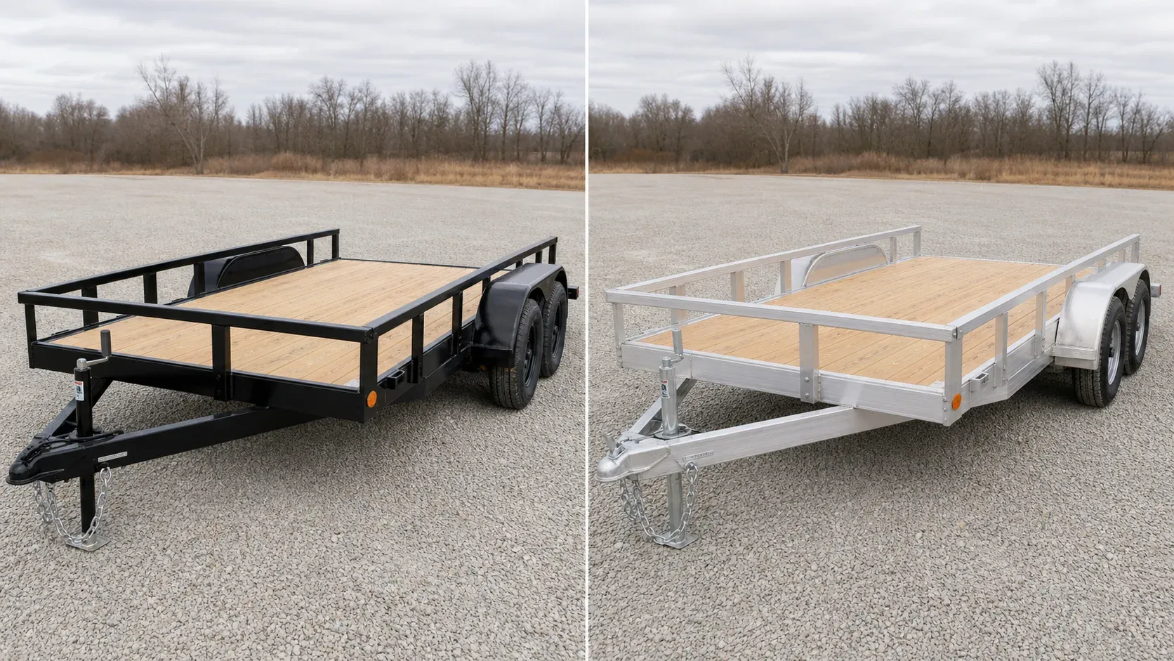 Painted steel and natural-aluminum utility trailers shown side by side
