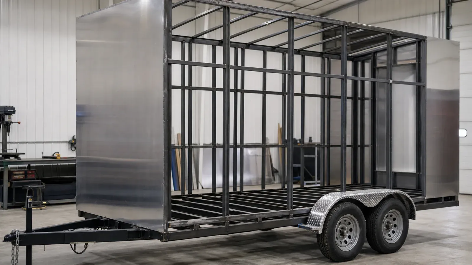 Welded steel-frame enclosed cargo trailer under construction Welded steel-frame enclosed cargo trailer under construction