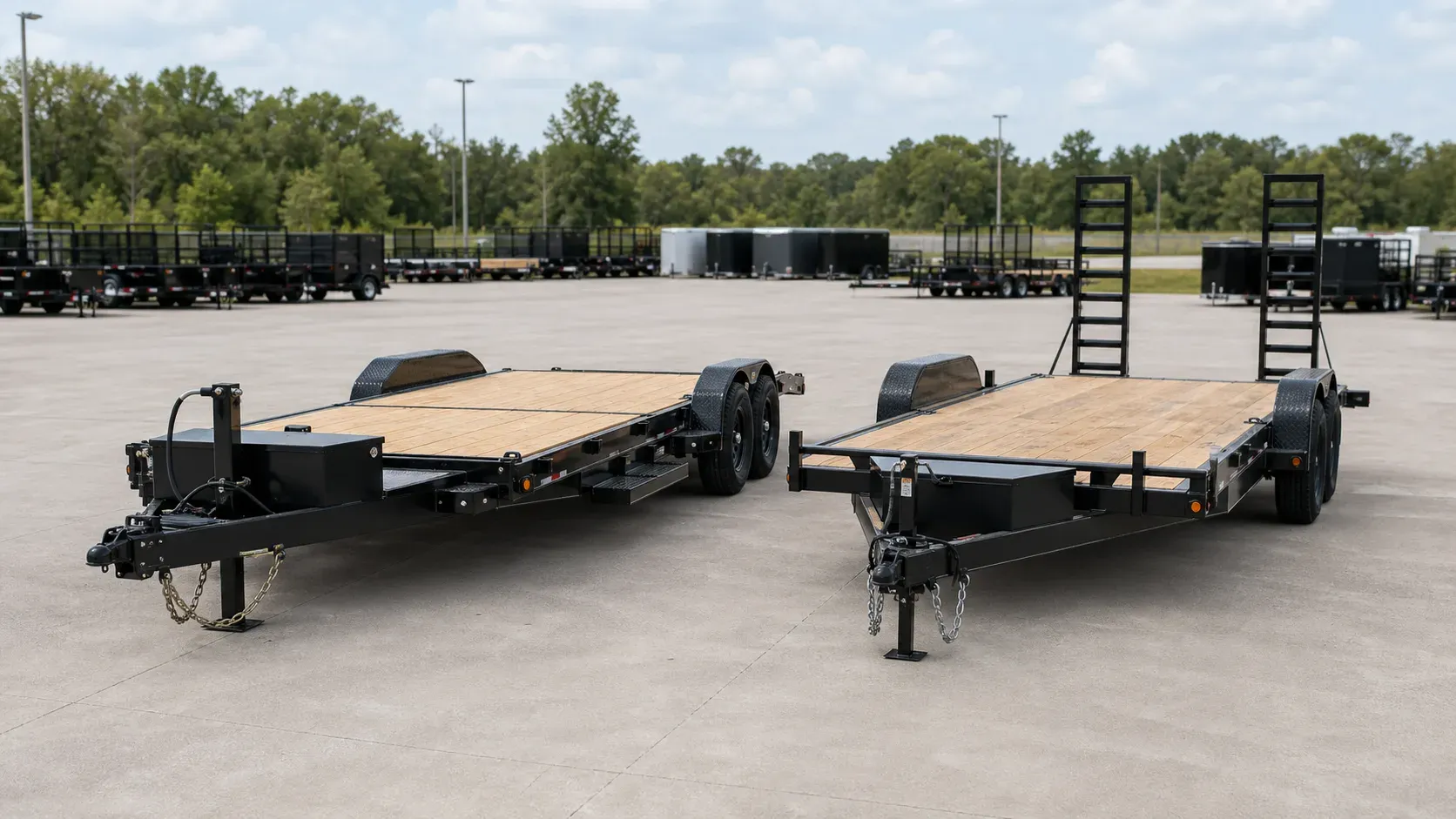 Hydraulic tilt and fixed-deck equipment trailers shown side by side for feature comparison