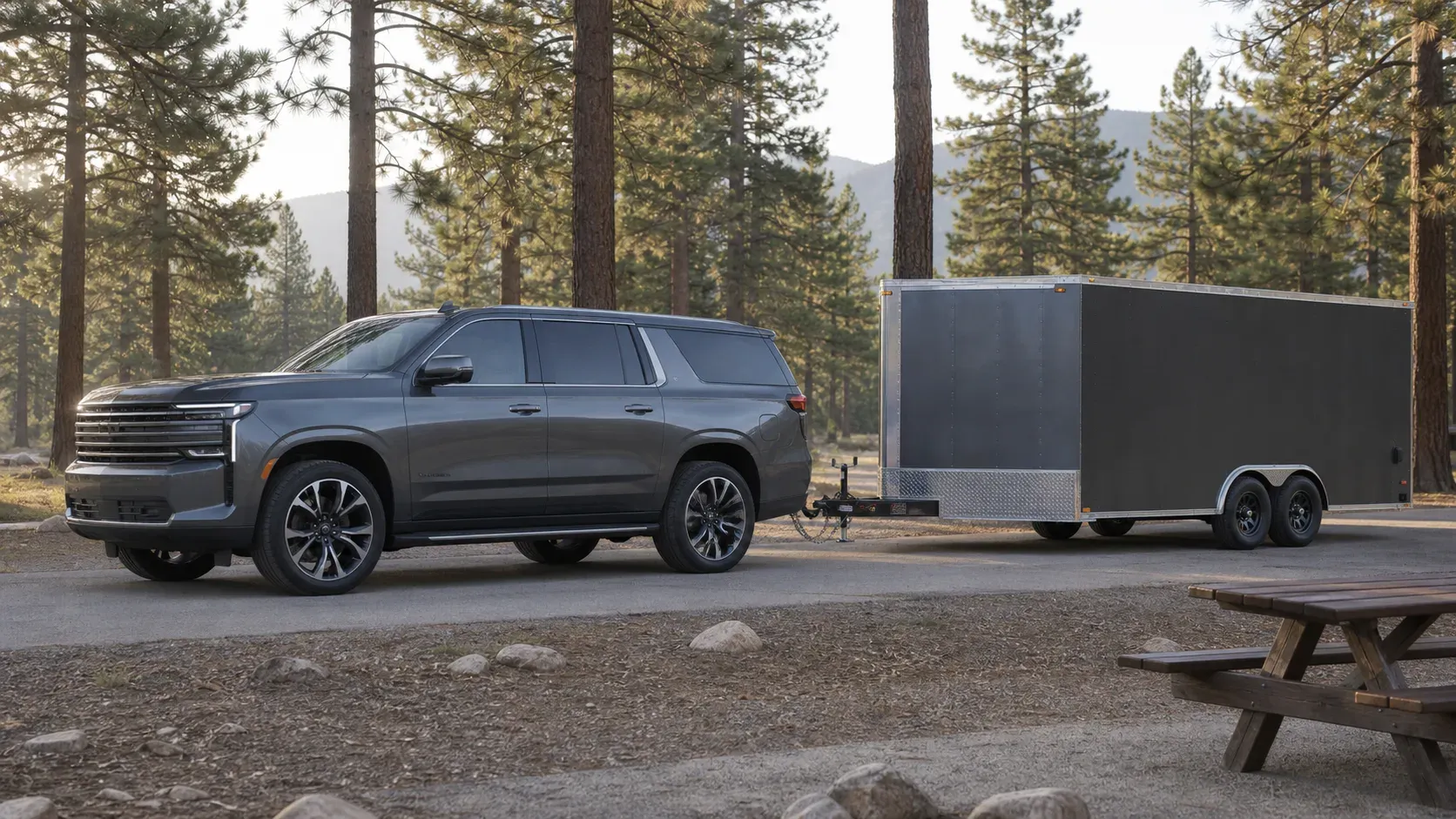 Full-size three-row SUV towing a tandem-axle enclosed cargo trailer