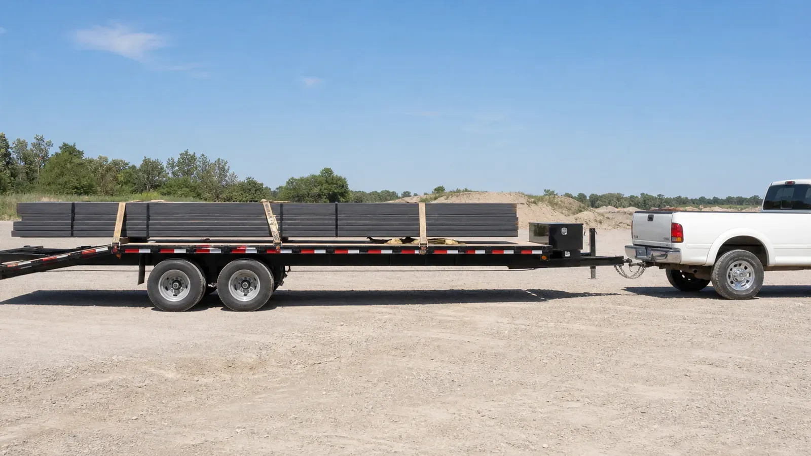Tandem-axle flatbed carrying a secured bundle of long steel beams Tandem-axle flatbed carrying a secured bundle of long steel beams