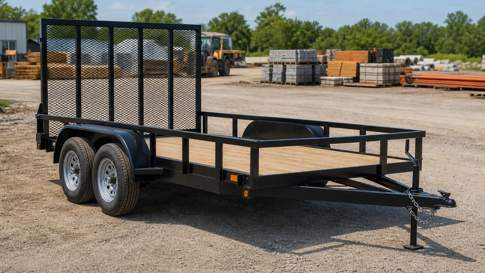 Tandem-axle utility trailer with four tires and a mesh gate Tandem-axle utility trailer with four tires and a mesh gate