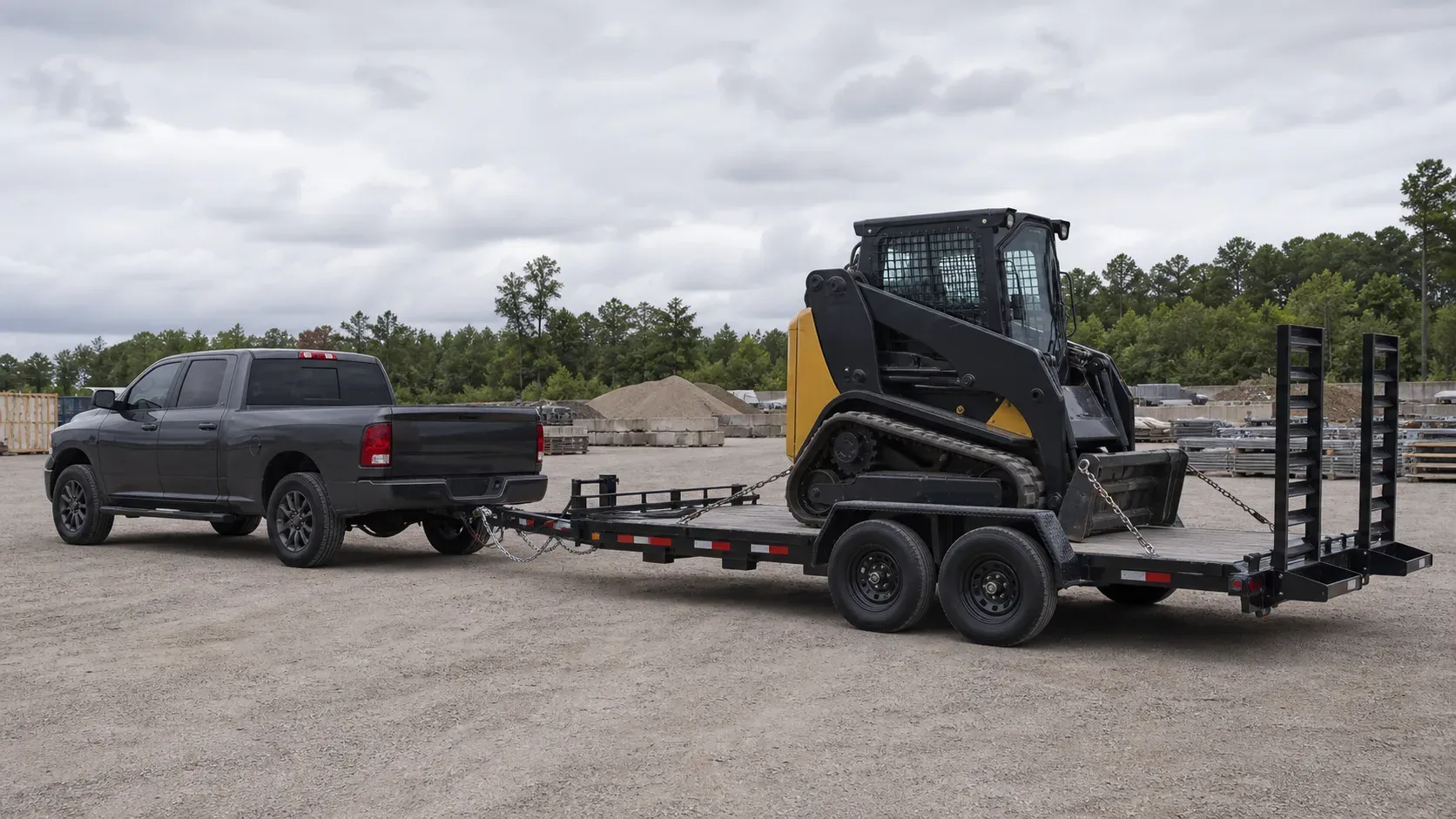 Three-quarter-ton pickup towing a tracked loader on an equipment trailer