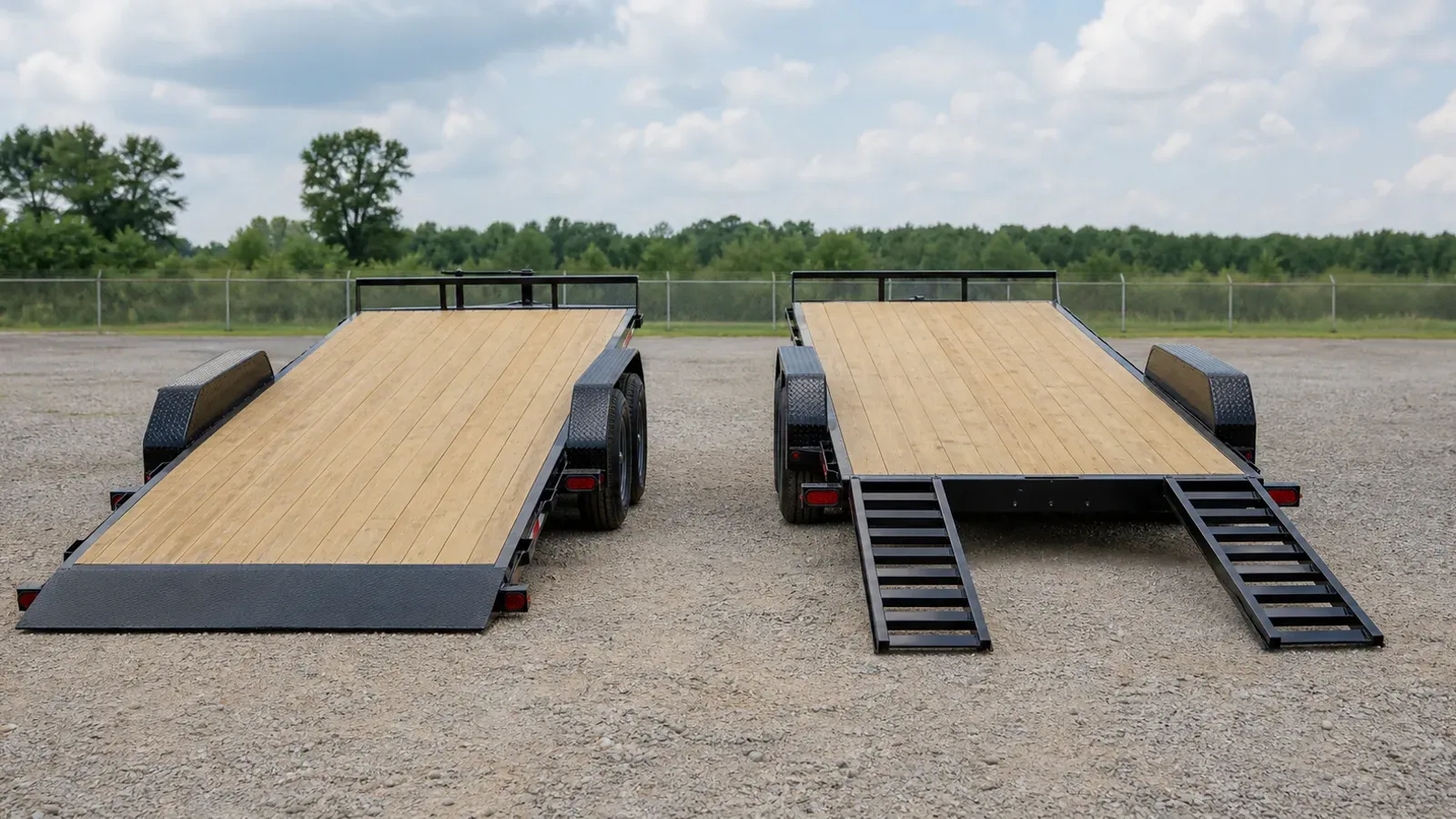 Tilt-deck equipment trailer and stationary-deck ramp trailer shown side by side