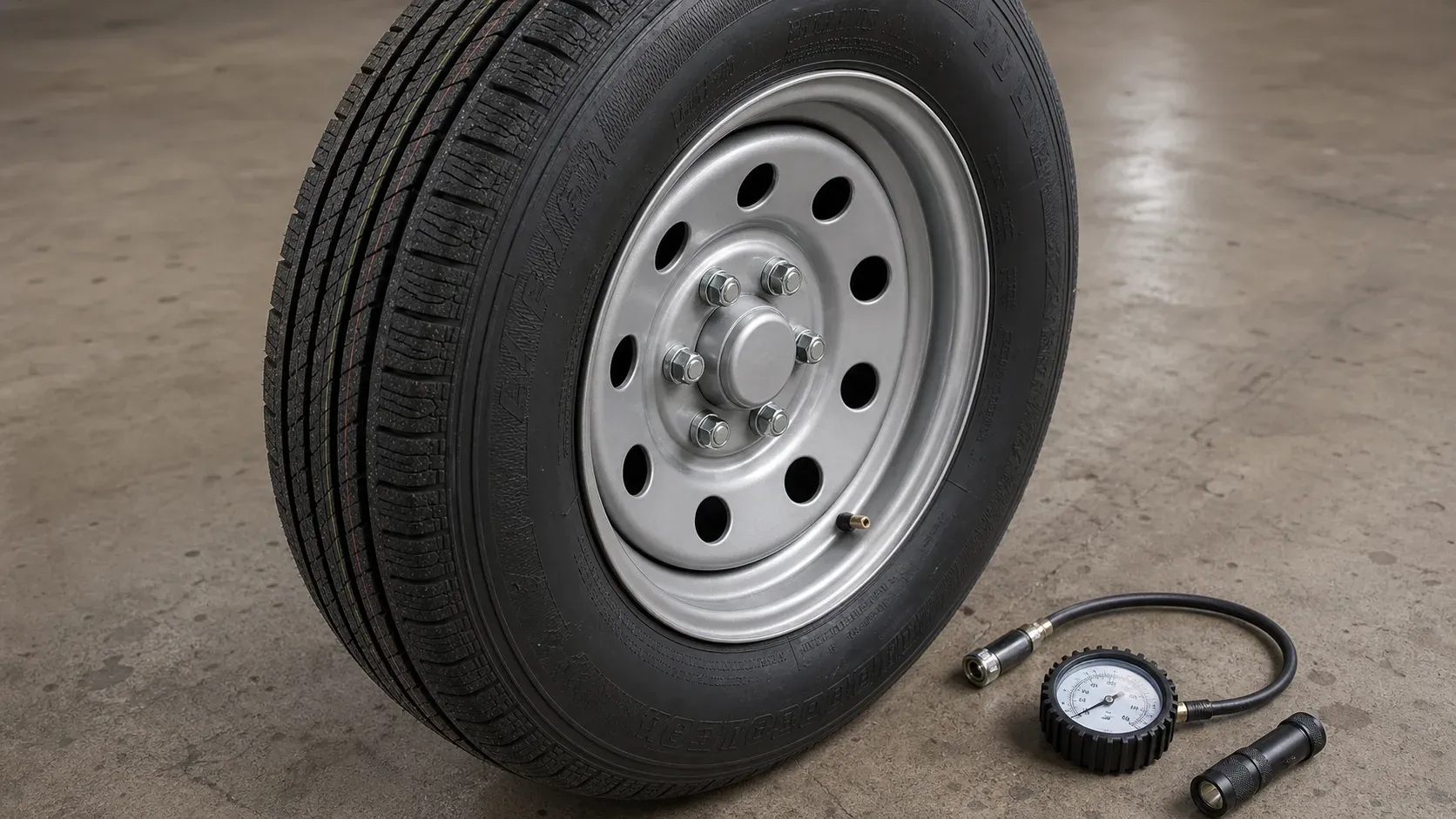 Six-lug trailer wheel, radial tire, pressure gauge, and inspection light