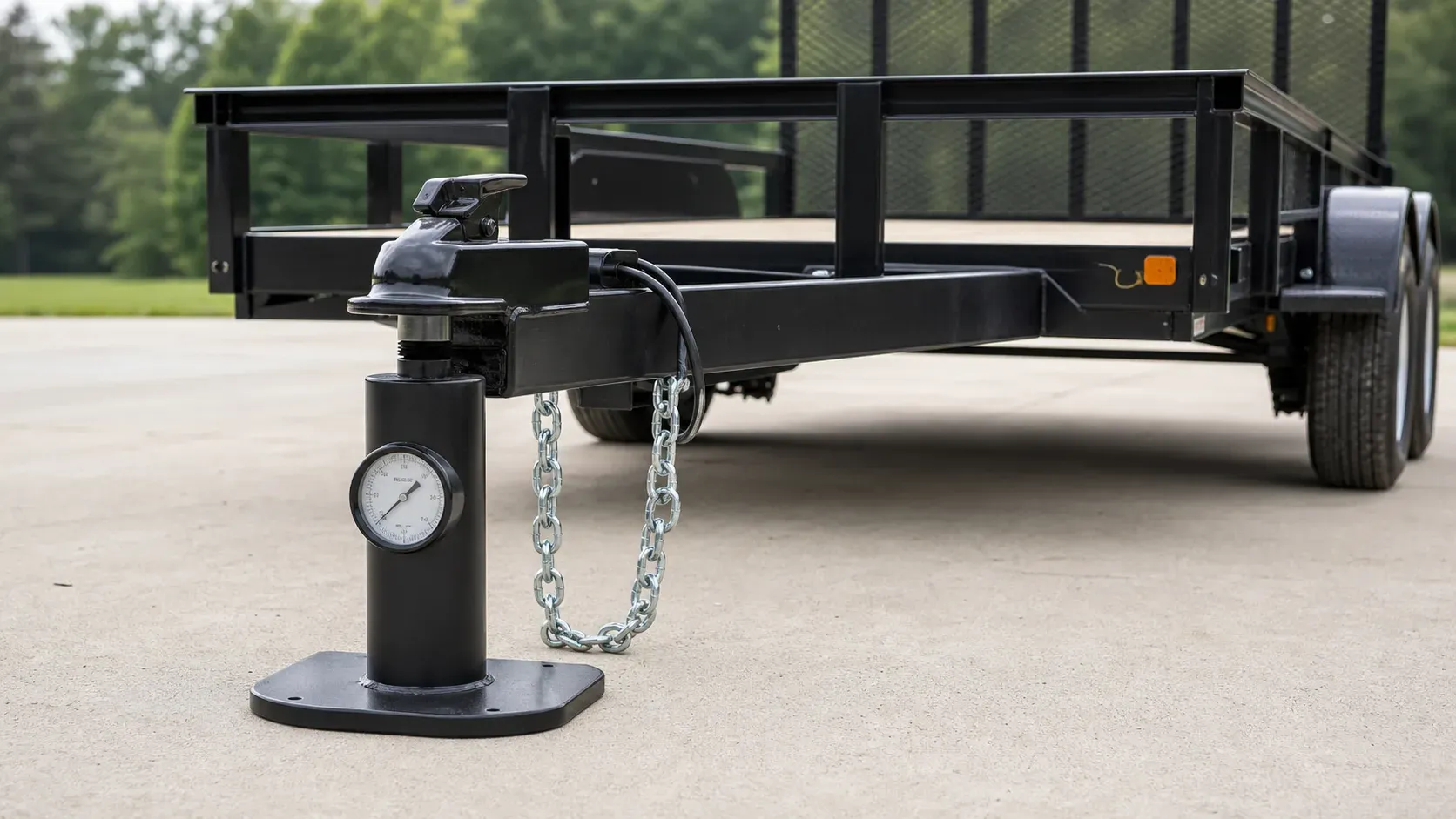 Utility-trailer coupler resting on a purpose-built tongue-weight scale