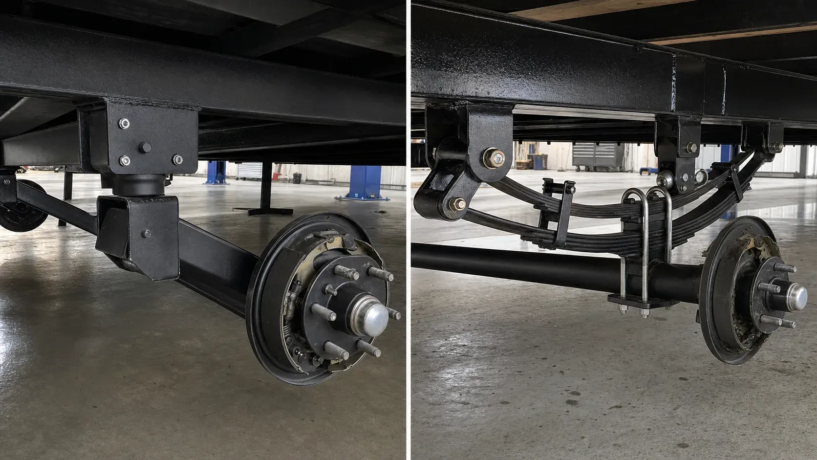 Torsion axle and leaf-spring trailer suspension hardware shown side by side