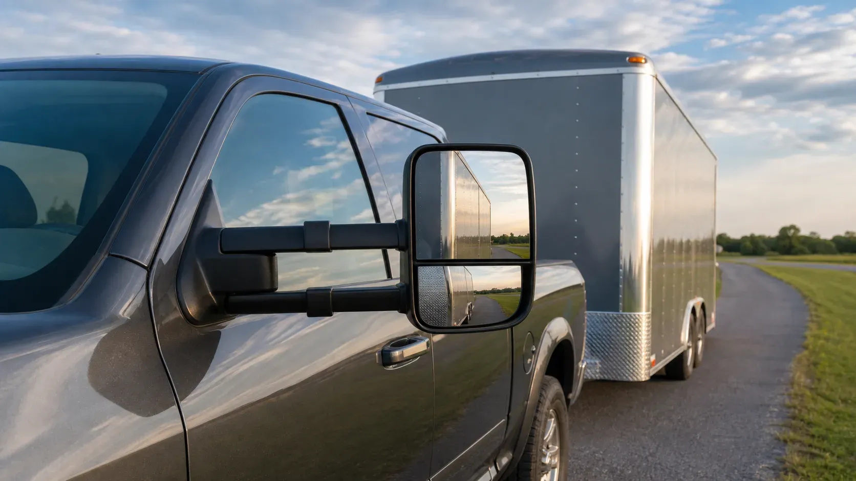 Extended two-panel towing mirror providing a view along an enclosed trailer