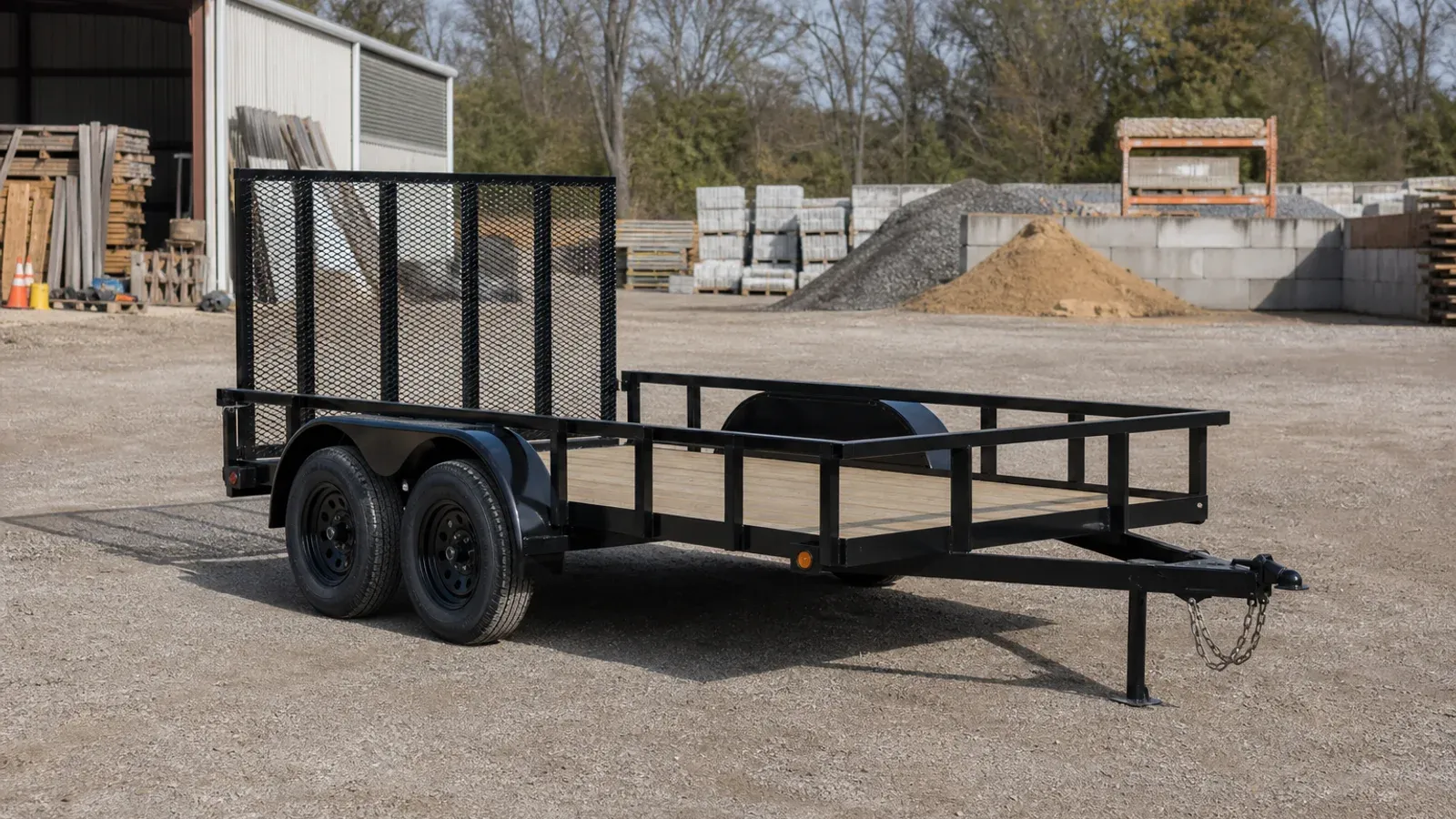 Open tandem-axle utility trailer with rail sides and a mesh ramp gate Open tandem-axle utility trailer with rail sides and a mesh ramp gate