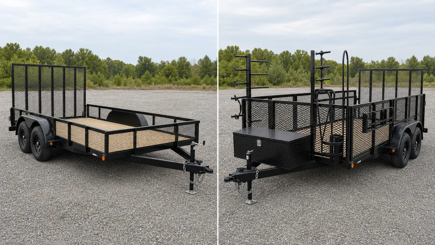 General utility trailer and rack-equipped landscape trailer shown side by side