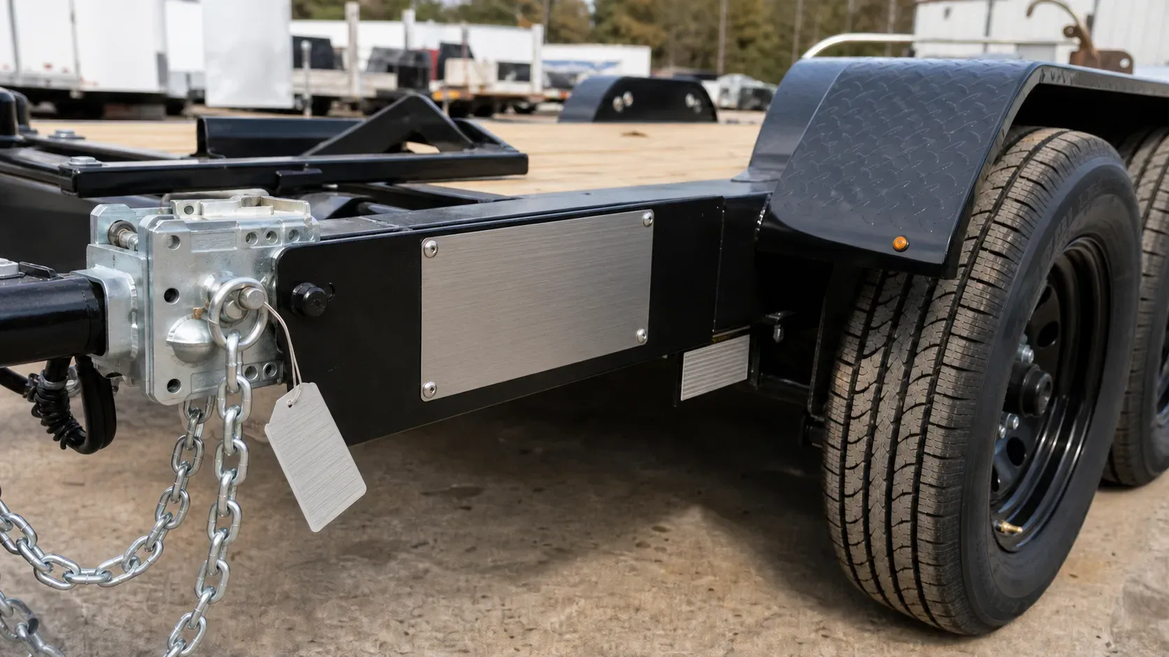 Trailer frame showing certification-plate, axle-tag, coupler, and tire locations
