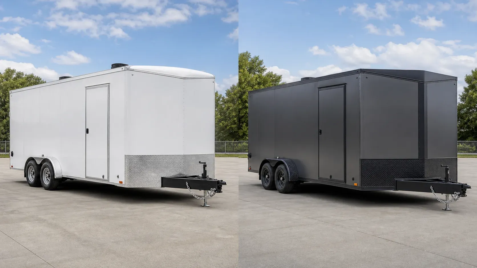 Two matched enclosed car haulers with different roofline and stone-guard designs shown side by side