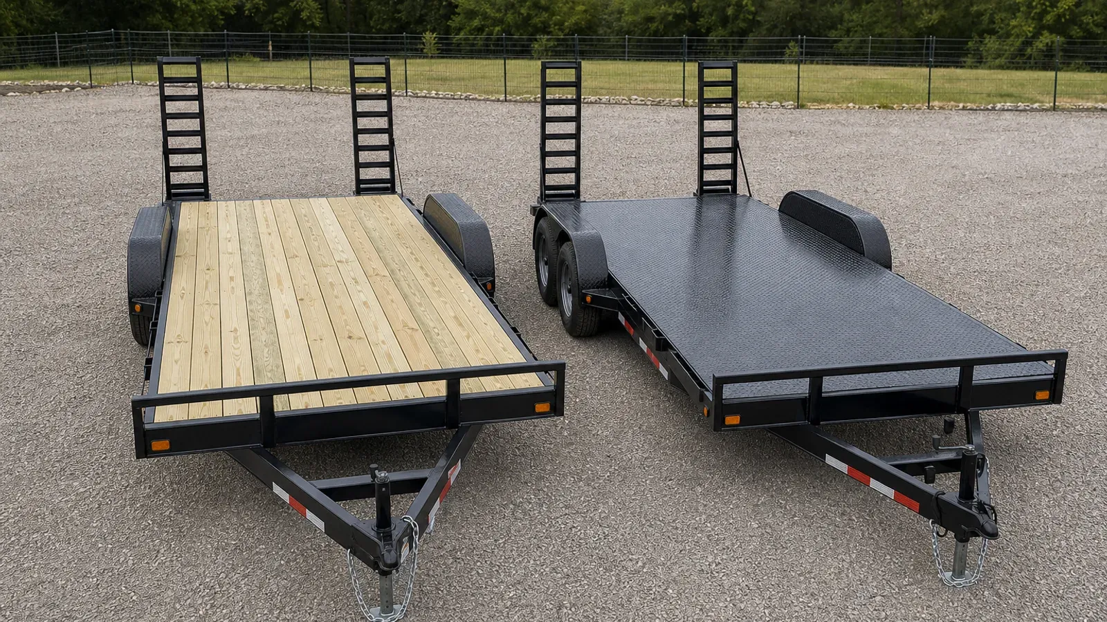 Wood-deck and steel-deck equipment trailers shown side by side