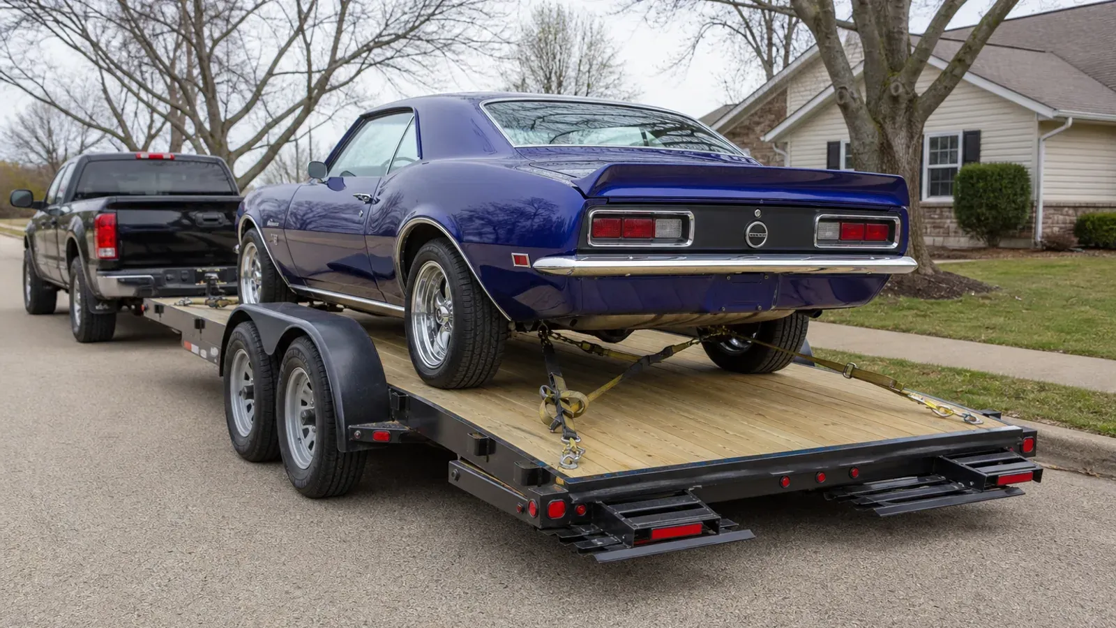 Classic car secured on an open trailer with a pressure-treated wood deck Classic car secured on an open trailer with a pressure-treated wood deck